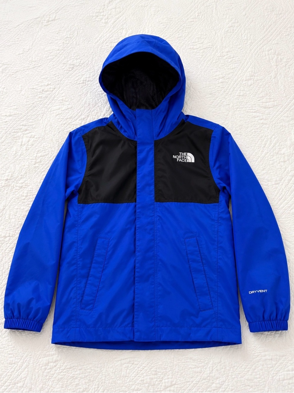 The North Face Boys Rain Jacket Size S 7/8 Blue Black Hooded DryVent